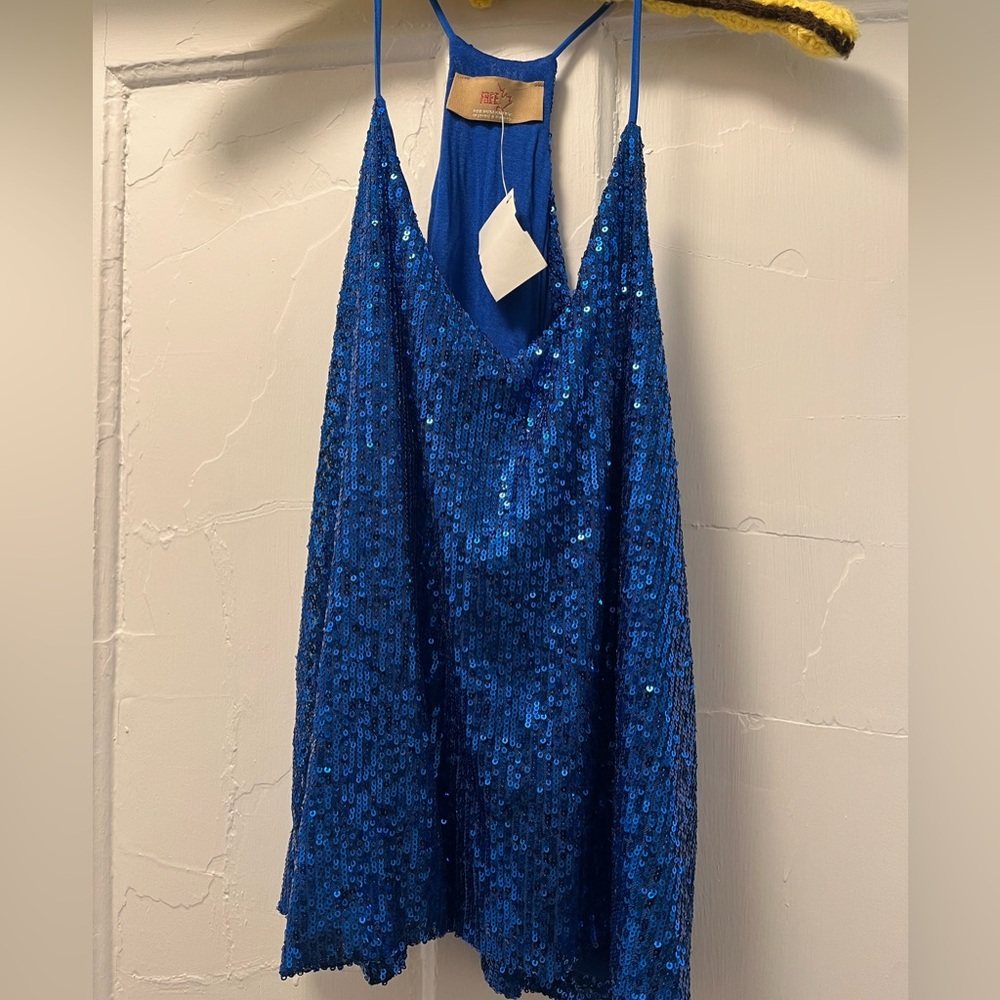 NWT Blue Sequin Racerback Top With Bubble Hem